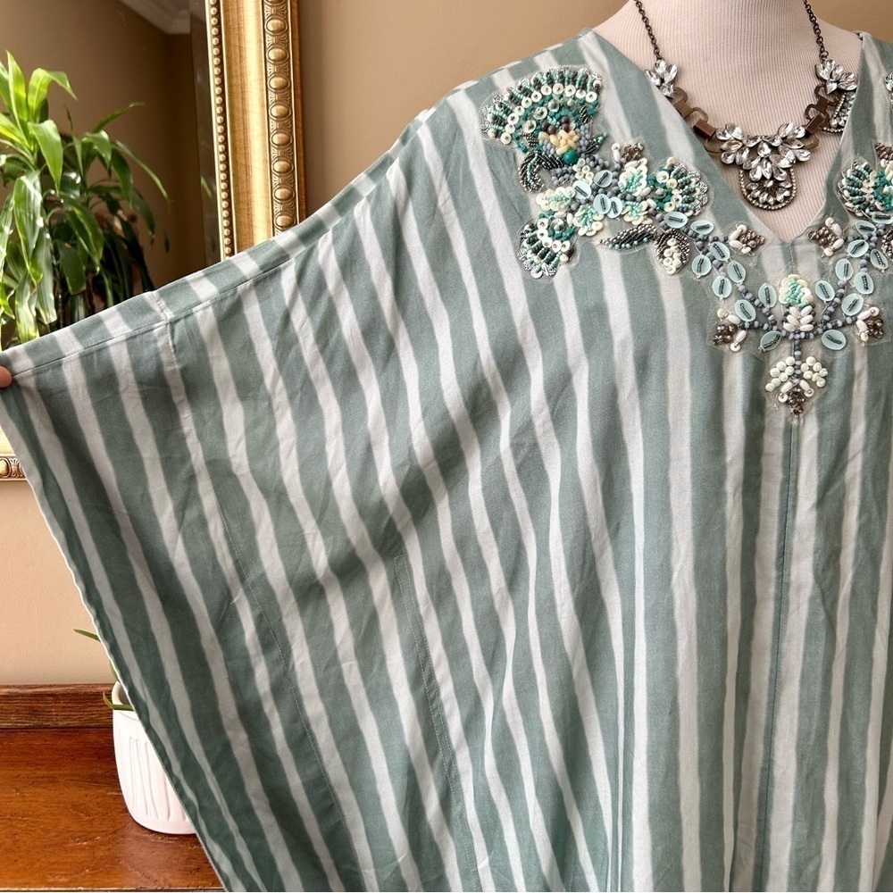 Soft Surroundings Harbor Caftan Kaftan Teal Stripe Beaded Sequin Cover-up Maxi - Picture 8 of 10